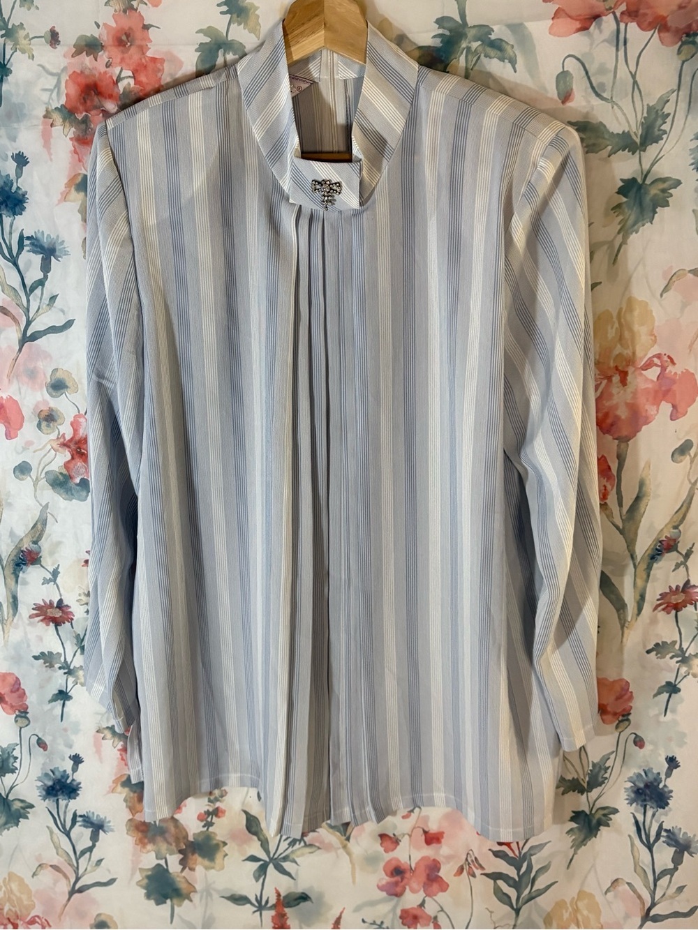 Vintage Striped Pleated Front Blouse in Light Blue and White - Picture 2 of 10